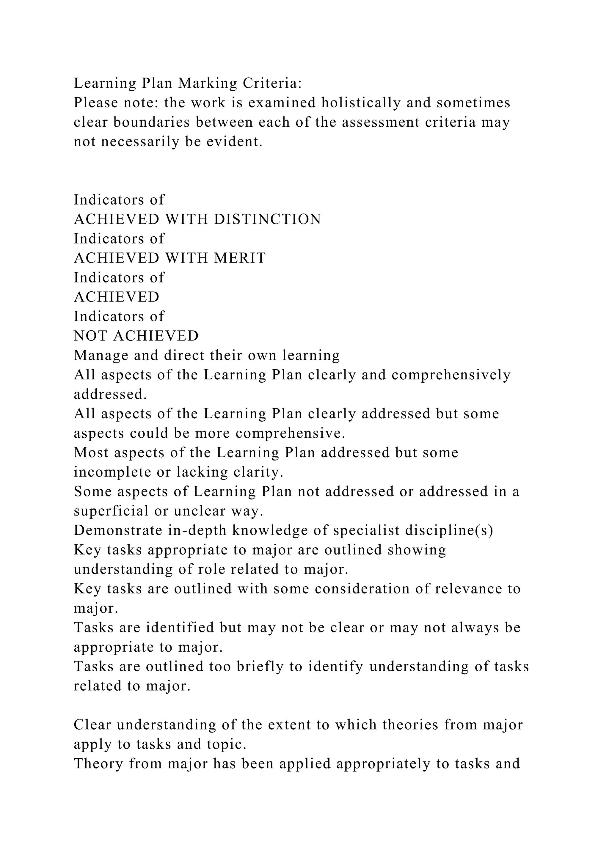 Learning Plan Marking Criteria:
Please note: the work is examined holistically and sometimes
clear boundaries between each of the assessment criteria may
not necessarily be evident.
Indicators of
ACHIEVED WITH DISTINCTION
Indicators of
ACHIEVED WITH MERIT
Indicators of
ACHIEVED
Indicators of
NOT ACHIEVED
Manage and direct their own learning
All aspects of the Learning Plan clearly and comprehensively
addressed.
All aspects of the Learning Plan clearly addressed but some
aspects could be more comprehensive.
Most aspects of the Learning Plan addressed but some
incomplete or lacking clarity.
Some aspects of Learning Plan not addressed or addressed in a
superficial or unclear way.
Demonstrate in-depth knowledge of specialist discipline(s)
Key tasks appropriate to major are outlined showing
understanding of role related to major.
Key tasks are outlined with some consideration of relevance to
major.
Tasks are identified but may not be clear or may not always be
appropriate to major.
Tasks are outlined too briefly to identify understanding of tasks
related to major.
Clear understanding of the extent to which theories from major
apply to tasks and topic.
Theory from major has been applied appropriately to tasks and
 