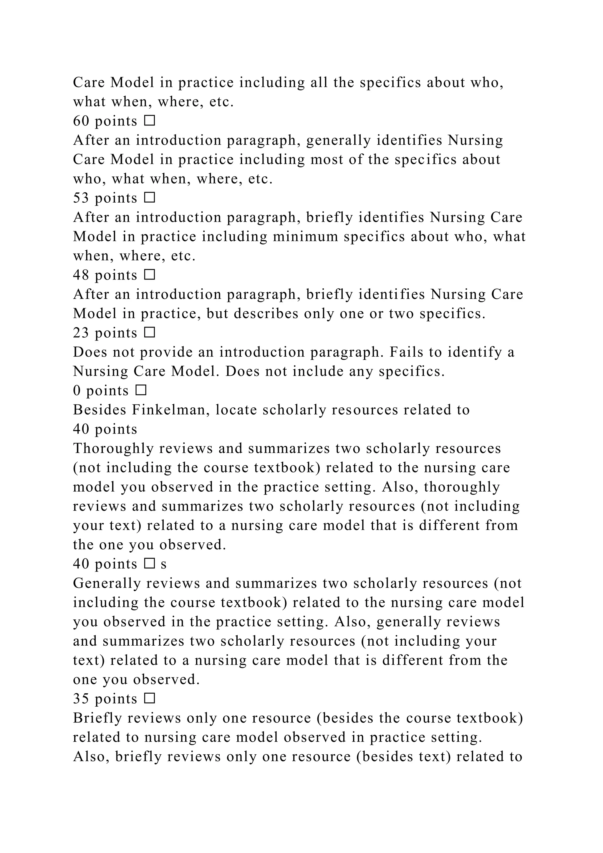 Care Model in practice including all the specifics about who,
what when, where, etc.
60 points ☐
After an introduction paragraph, generally identifies Nursing
Care Model in practice including most of the specifics about
who, what when, where, etc.
53 points ☐
After an introduction paragraph, briefly identifies Nursing Care
Model in practice including minimum specifics about who, what
when, where, etc.
48 points ☐
After an introduction paragraph, briefly identifies Nursing Care
Model in practice, but describes only one or two specifics.
23 points ☐
Does not provide an introduction paragraph. Fails to identify a
Nursing Care Model. Does not include any specifics.
0 points ☐
Besides Finkelman, locate scholarly resources related to
40 points
Thoroughly reviews and summarizes two scholarly resources
(not including the course textbook) related to the nursing care
model you observed in the practice setting. Also, thoroughly
reviews and summarizes two scholarly resources (not including
your text) related to a nursing care model that is different from
the one you observed.
40 points ☐ s
Generally reviews and summarizes two scholarly resources (not
including the course textbook) related to the nursing care model
you observed in the practice setting. Also, generally reviews
and summarizes two scholarly resources (not including your
text) related to a nursing care model that is different from the
one you observed.
35 points ☐
Briefly reviews only one resource (besides the course textbook)
related to nursing care model observed in practice setting.
Also, briefly reviews only one resource (besides text) related to
 