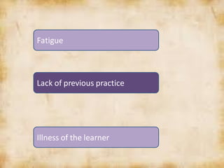 Lack of previous practice
Illness of the learner
Fatigue
 
