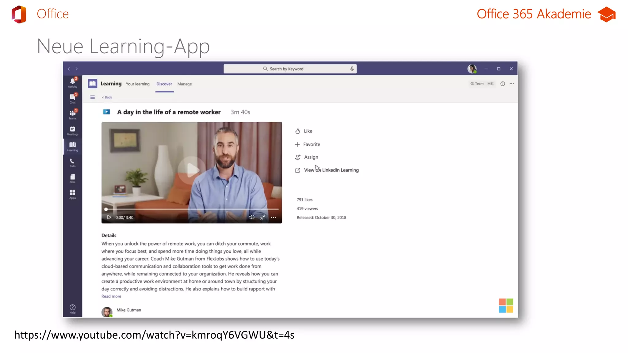 Office 365 Akademie
Neue Learning-App
TeamsOffice
https://www.youtube.com/watch?v=kmroqY6VGWU&t=4s
 