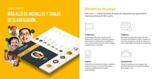 Mecánicas de juego
1st
2nd
3rd
4th
5th
GAMIFICACIÓN
Más allá de MEDALLAS y TABLAS
DE CLASIFICACIÓN.
Progresión.
Seguimiento del avance del alumno en
tiempo real a través de su barra de progreso,
que actualiza la información a medida que
esta sucede, manteniendo al usuario siempre
comprometido y motivado.
Urgencia.
Recuerdo constante del número de días
restantes para finalizar el Sprint, creando un
estímulo de urgencia, una de las mecánicas
más comprobadas para generar compromiso.
Logros.
Desarrolla una sensación de logro constante
entre tus alumnos a través de marcadores,
insignias y notificaciones de juego
personalizadas.
Competición.
Tablas de clasificación por equipos que
permiten fomentar la competencia dentro
de la organización.
learningPlay utiliza mecánicas de juego de vanguardia para garantizar la
máxima participación del usuario.
 