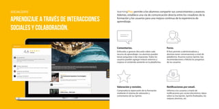 learningPlay permite a los alumnos compartir sus conocimientos y avances.
Además, establece una vía de comunicación directa entre los creadores de la
formación y los usuarios para una mejora continua de la experiencia de
aprendizaje.
SOCIALÍZATE
aprendizaje a través de interacciones
sociales y colaboración.
Comentarios.
Enfocados a generar discusión sobre cada
recurso de aprendizaje. Los alumnos pueden
lanzar preguntas o dar respuestas. Todos los
usuarios pueden agregar enlaces externos y
mejorar el contenido existente en la plataforma.
Foros.
El foro permite a administradores y
alumnos tener conversaciones a nivel de
plataforma. Anuncia nuevos Sprints, haz
recomendaciones o felicita los progresos
de tus usuarios.
Valoración y revisión.
Comprueba la repercusión de tu formación
mediante el sistema de valoración y
comentarios de tus Sprints.
Notificaciones por email.
Informa a tus usuarios a través de
notificaciones por correo electrónico: datos
sobre su inscripción, Sprints finalizados, los
mejores alumnos, etc.
 