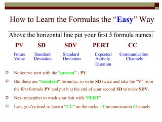 How to Learn the Formulas the “Easy” Way 
Above the horizontal line put your first 5 formula names: 
PV SD SDV PERT CC 
Future Standard Standard Expected Communication 
Value Deviation Deviation Activity Channels 
Duration 
 Notice we start with the “present” - PV. 
 But these are “standard” formulas, so write SD twice and take the “V” from 
the first formula PV and put it at the end of your second SD to make SDV. 
 Next remember to wash your hair with “PERT” 
 Last, you’re tired so have a “CC” on the rocks – Communication Channels 
 