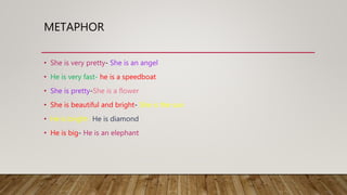 METAPHOR
• She is very pretty- She is an angel
• He is very fast- he is a speedboat
• She is pretty-She is a flower
• She is beautiful and bright- She is the sun
• He is bright- He is diamond
• He is big- He is an elephant
 