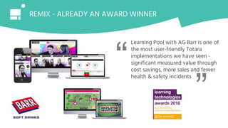 REMIX - ALREADY AN AWARD WINNER
Learning Pool with AG Barr is one of
the most user-friendly Totara
implementations we have seen -
significant measured value through
cost savings, more sales and fewer
health & safety incidents
“ “
 