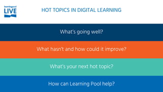 What’s going well?
What hasn’t and how could it improve?
What’s your next hot topic?
How can Learning Pool help?
HOT TOPICS IN DIGITAL LEARNING
 