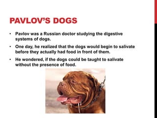PAVLOV’S DOGS
• Pavlov was a Russian doctor studying the digestive
systems of dogs.
• One day, he realized that the dogs would begin to salivate
before they actually had food in front of them.
• He wondered, if the dogs could be taught to salivate
without the presence of food.
 