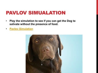 PAVLOV SIMUALATION
• Play the simulation to see if you can get the Dog to
salivate without the presence of food.
• Pavlov Simulation
 