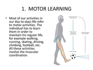 1. MOTOR LEARNING
• Most of our activities in
our day-to-days life refer
to motor activities. The
individual has to learn
them in order to
maintain his regular life.
for example walking,
running, skating, driving,
climbing, football, etc.
All these activities
involve the muscular
coordination.
 