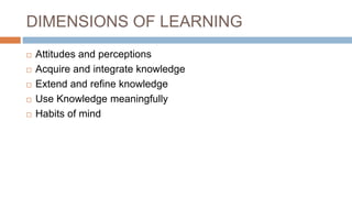 DIMENSIONS OF LEARNING
 Attitudes and perceptions
 Acquire and integrate knowledge
 Extend and refine knowledge
 Use Knowledge meaningfully
 Habits of mind
 