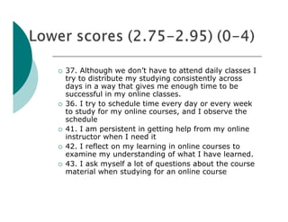    37. Although we don’t have to attend daily classes I
    try to distribute my studying consistently across
    days in a way that gives me enough time to be
    successful in my online classes.
   36. I try to schedule time every day or every week
    to study for my online courses, and I observe the
    schedule
   41. I am persistent in getting help from my online
    instructor when I need it
   42. I reflect on my learning in online courses to
    examine my understanding of what I have learned.
   43. I ask myself a lot of questions about the course
    material when studying for an online course
 