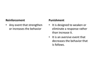 Reinforcement
• Any event that strengthen
or increases the behavior
Punishment
• It is designed to weaken or
eliminate a response rather
than increase it.
• It is an aversive event that
decreases the behavior that
is follows.
 