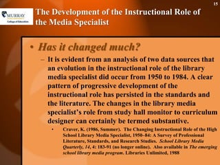The Development of the Instructional Role of the Media SpecialistHas it changed much?It is evident from an analysis of two data sources that an evolution in the instructional role of the library media specialist did occur from 1950 to 1984. A clear pattern of progressive development of the instructional role has persisted in the standards and the literature. The changes in the library media specialist’s role from study hall monitor to curriculum designer can certainly be termed substantive.Craver, K. (1986, Summer).  The Changing Instructional Role of the High School Library Media Specialist, 1950–84: A Survey of Professional Literature, Standards, and Research Studies.  School Library Media Quarterly, 14, 4: 183-91 (no longer online).  Also available in The emerging school library media program. Libraries Unlimited, 198815