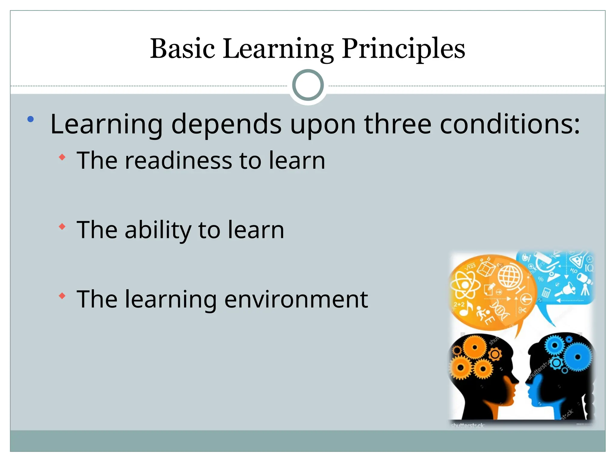 Basic Learning Principles
• Learning depends upon three conditions:
 The readiness to learn
 The ability to learn
 The learning environment
 