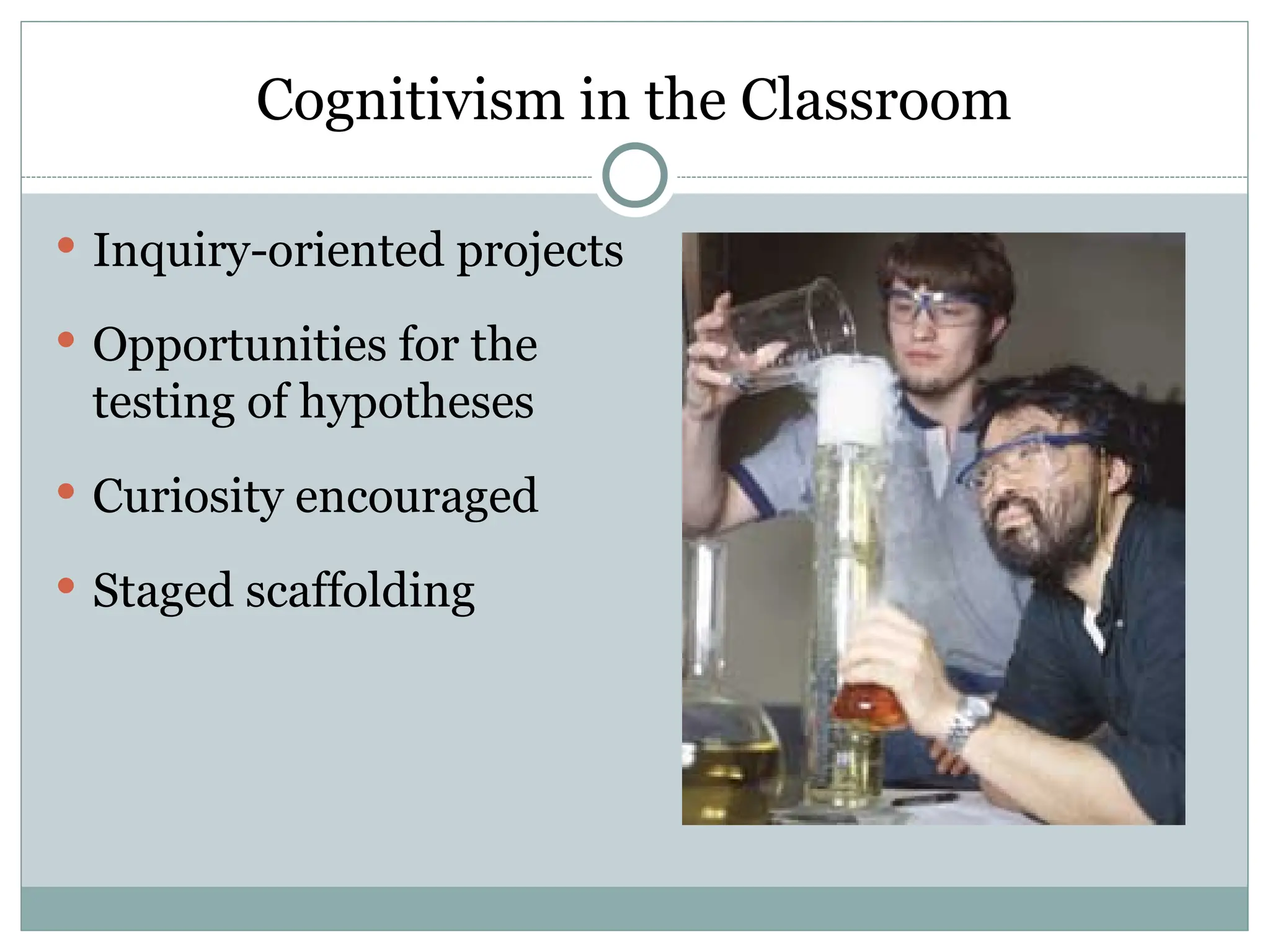 Cognitivism in the Classroom
 Inquiry-oriented projects
 Opportunities for the
testing of hypotheses
 Curiosity encouraged
 Staged scaffolding
 
