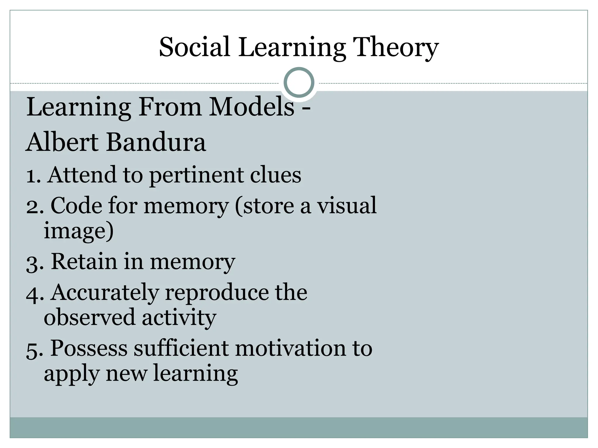 Social Learning Theory
Learning From Models -
Albert Bandura
1. Attend to pertinent clues
2. Code for memory (store a visual
image)
3. Retain in memory
4. Accurately reproduce the
observed activity
5. Possess sufficient motivation to
apply new learning
 