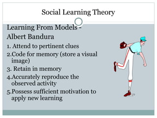 Social Learning Theory
Learning From Models -
Albert Bandura
1. Attend to pertinent clues
2.Code for memory (store a visual
image)
3. Retain in memory
4.Accurately reproduce the
observed activity
5.Possess sufficient motivation to
apply new learning
 