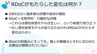 RDoCがもたらした変化は何か？
14
◼ DSM/ICD＝臨床家の評価や症状の報告
◼ RDoC＝生物学的・行動的な評価
→これらは潜在疾患モデルが正しい，という前提で成り立つ
→もし潜在疾患モデルが成り立たなければRDoCがもたらす
変化は小さい
◼ RDoCの枠組みにそっても，個人の複雑さとそれに合わせた
治療法が開発されていない
 