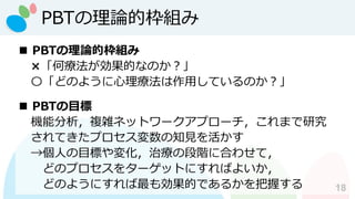 PBTの理論的枠組み
18
◼ PBTの理論的枠組み
×「何療法が効果的なのか？」
〇「どのように心理療法は作用しているのか？」
◼ PBTの目標
機能分析，複雑ネットワークアプローチ，これまで研究
されてきたプロセス変数の知見を活かす
→個人の目標や変化，治療の段階に合わせて，
どのプロセスをターゲットにすればよいか，
どのようにすれば最も効果的であるかを把握する
 