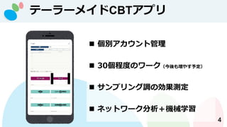 テーラーメイドCBTアプリ
4
◼ 個別アカウント管理
◼ 30個程度のワーク（今後も増やす予定）
◼ サンプリング調の効果測定
◼ ネットワーク分析＋機械学習
 