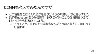 EEMM⿼ƤߤǤ
 ɤɤ뤫֤ΤyʤȸФޤ
 Self/MotivationĤ| (19饤)Τ褦|꤭
EEMMΤǤ礦
 ȡEEMM⹲ͬuʤʤȂ˵ĤˤϤä
꤭ޤ
23
 