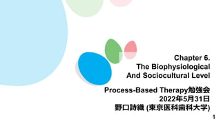 1
Chapter 6.
The Biophysiological
And Sociocultural Level
Process-Based Therapy勉強会
2022年5月31日
野口詩織 (東京医科歯科大学)
 