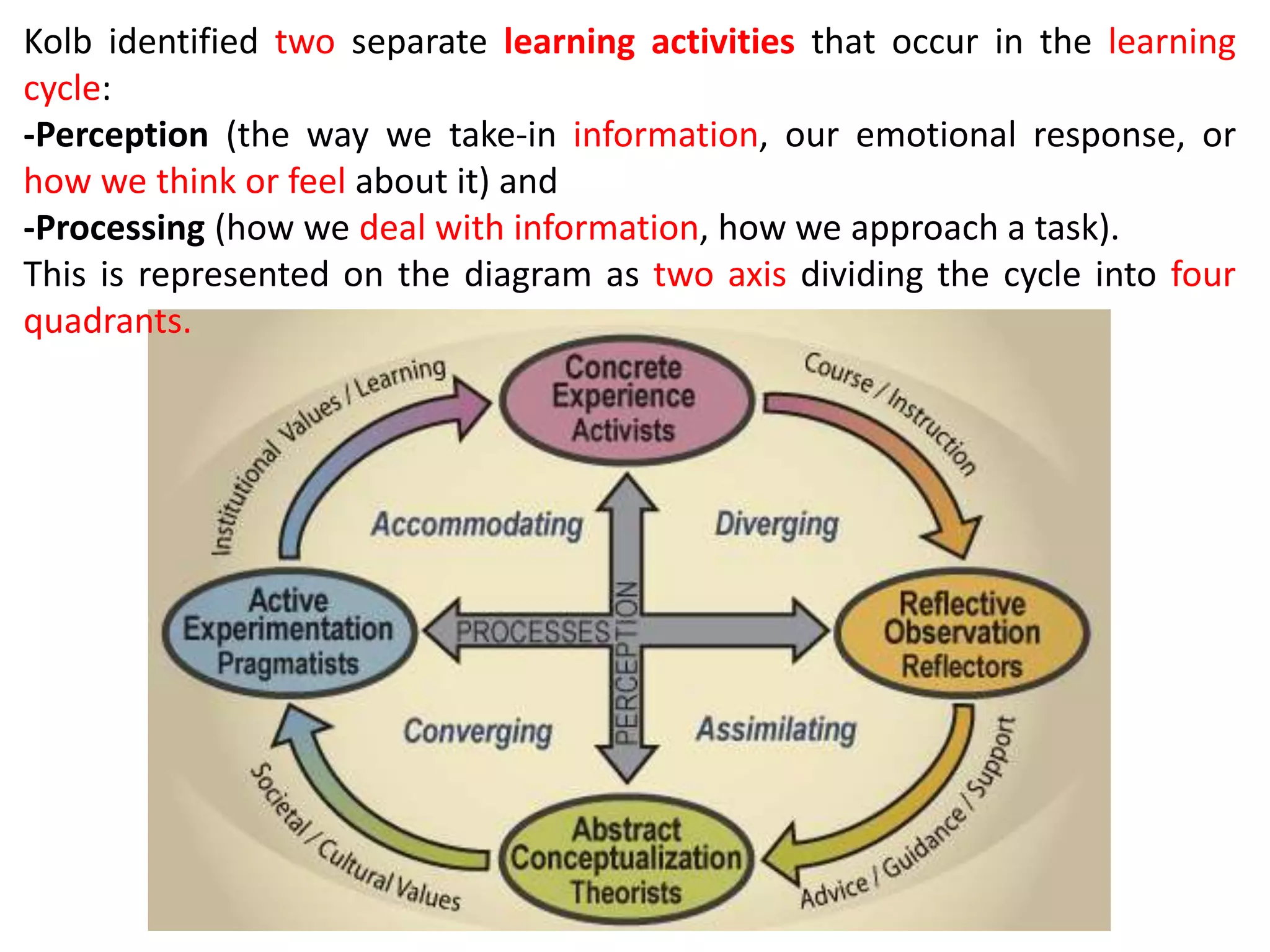 Kolb identified two separate learning activities that occur in the learning
cycle:
-Perception (the way we take-in information, our emotional response, or
how we think or feel about it) and
-Processing (how we deal with information, how we approach a task).
This is represented on the diagram as two axis dividing the cycle into four
quadrants.
 