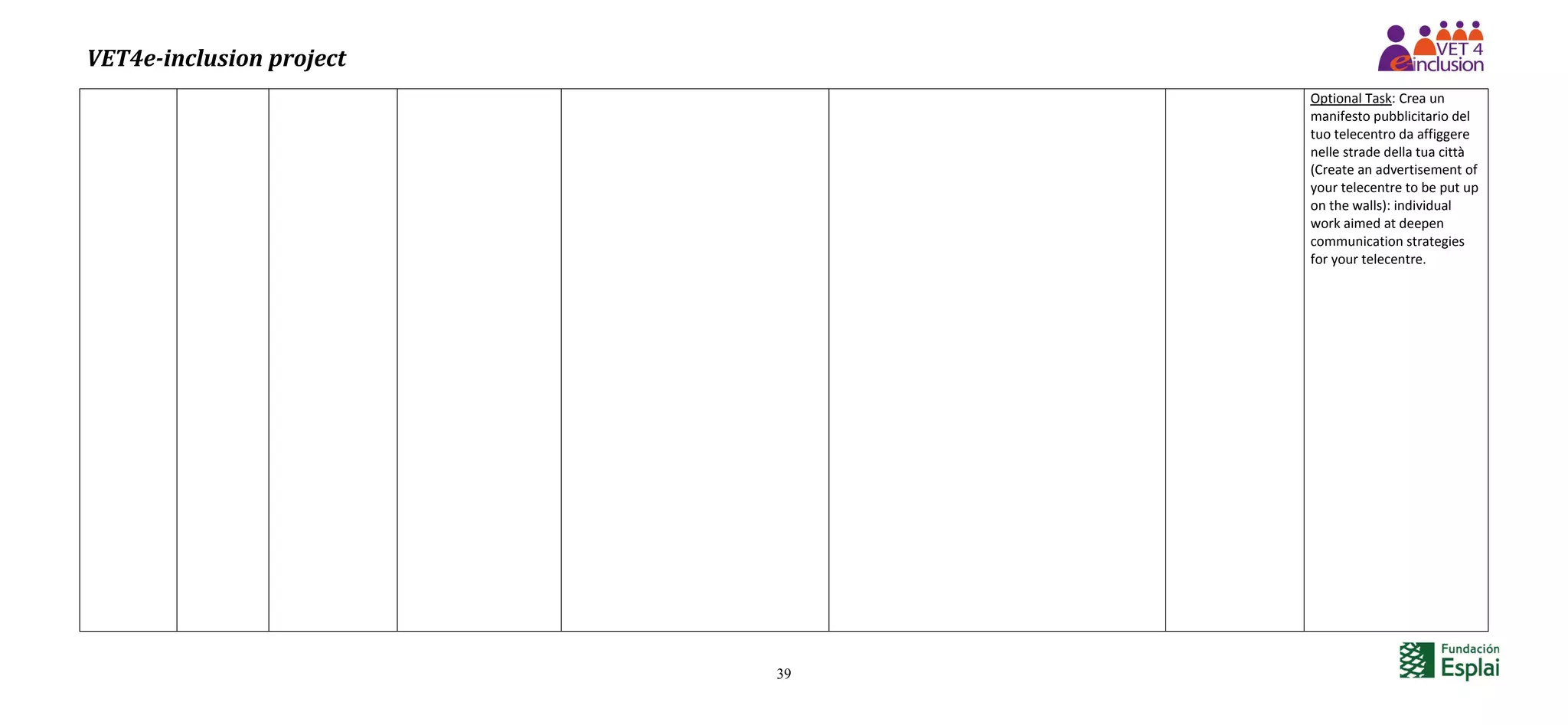VET4e-inclusion project
39
Optional Task: Crea un
manifesto pubblicitario del
tuo telecentro da affiggere
nelle strade della tua città
(Create an advertisement of
your telecentre to be put up
on the walls): individual
work aimed at deepen
communication strategies
for your telecentre.
 