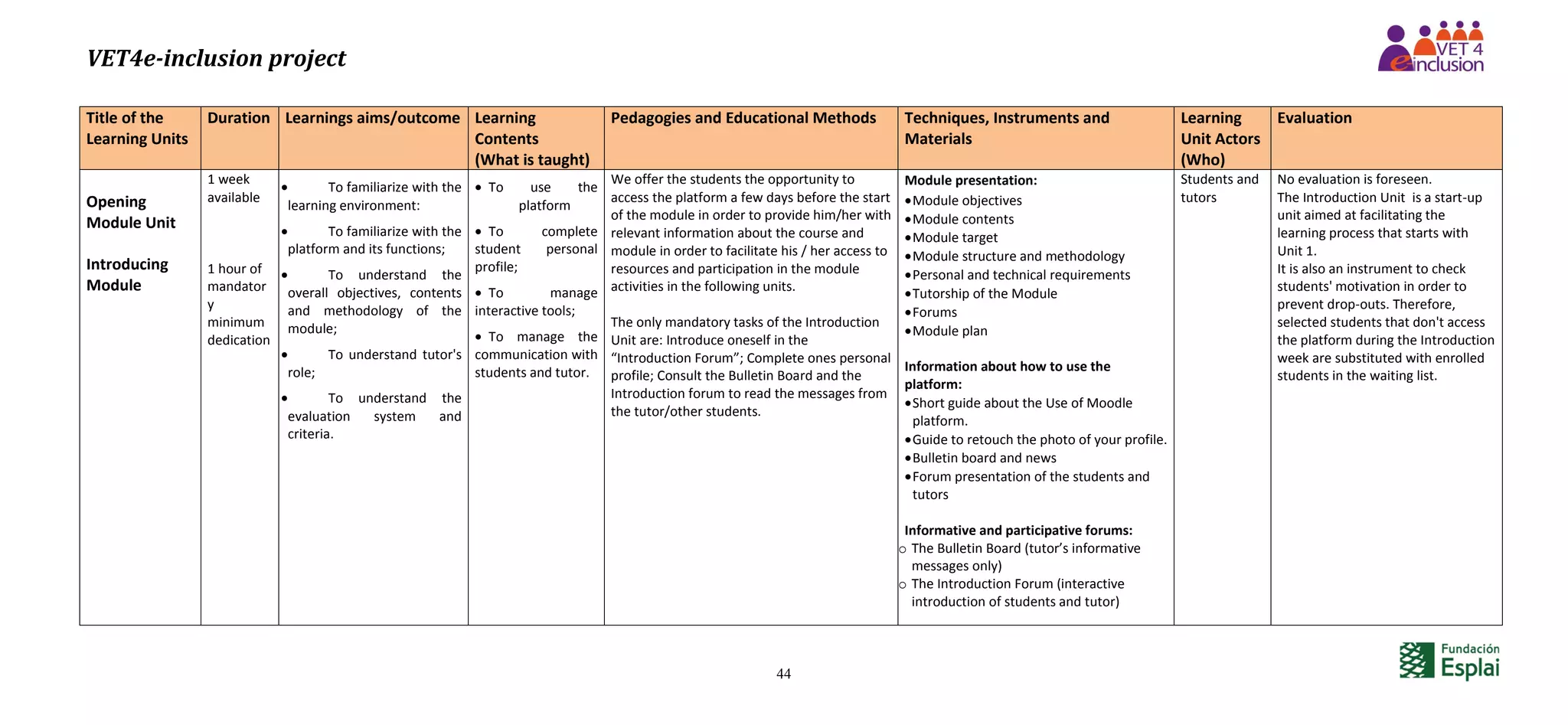 VET4e-inclusion project
44
Title of the
Learning Units
Duration Learnings aims/outcome Learning
Contents
(What is taught)
Pedagogies and Educational Methods Techniques, Instruments and
Materials
Learning
Unit Actors
(Who)
Evaluation
Opening
Module Unit
Introducing
Module
1 week
available
1 hour of
mandator
y
minimum
dedication
 To familiarize with the
learning environment:
 To familiarize with the
platform and its functions;
 To understand the
overall objectives, contents
and methodology of the
module;
 To understand tutor's
role;
 To understand the
evaluation system and
criteria.
 To use the
platform
 To complete
student personal
profile;
 To manage
interactive tools;
 To manage the
communication with
students and tutor.
We offer the students the opportunity to
access the platform a few days before the start
of the module in order to provide him/her with
relevant information about the course and
module in order to facilitate his / her access to
resources and participation in the module
activities in the following units.
The only mandatory tasks of the Introduction
Unit are: Introduce oneself in the
“Introduction Forum”; Complete ones personal
profile; Consult the Bulletin Board and the
Introduction forum to read the messages from
the tutor/other students.
Module presentation:
Module objectives
Module contents
Module target
Module structure and methodology
Personal and technical requirements
Tutorship of the Module
Forums
Module plan
Information about how to use the
platform:
Short guide about the Use of Moodle
platform.
Guide to retouch the photo of your profile.
Bulletin board and news
Forum presentation of the students and
tutors
Informative and participative forums:
o The Bulletin Board (tutor’s informative
messages only)
o The Introduction Forum (interactive
introduction of students and tutor)
Students and
tutors
No evaluation is foreseen.
The Introduction Unit is a start-up
unit aimed at facilitating the
learning process that starts with
Unit 1.
It is also an instrument to check
students' motivation in order to
prevent drop-outs. Therefore,
selected students that don't access
the platform during the Introduction
week are substituted with enrolled
students in the waiting list.
 