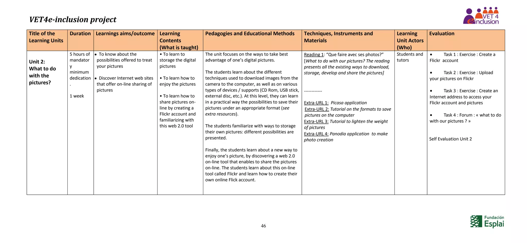 VET4e-inclusion project
46
Title of the
Learning Units
Duration Learnings aims/outcome Learning
Contents
(What is taught)
Pedagogies and Educational Methods Techniques, Instruments and
Materials
Learning
Unit Actors
(Who)
Evaluation
Unit 2:
What to do
with the
pictures?
5 hours of
mandator
y
minimum
dedication
.
1 week
 To know about the
possibilities offered to treat
your pictures
 Discover Internet web sites
that offer on-line sharing of
pictures
• To learn to
storage the digital
pictures
• To learn how to
enjoy the pictures
• To learn how to
share pictures on-
line by creating a
Flickr account and
familiarizing with
this web 2.0 tool
The unit focuses on the ways to take best
advantage of one’s digital pictures.
The students learn about the different
techniques used to download images from the
camera to the computer, as well as on various
types of devices / supports (CD Rom, USB stick,
external disc, etc.). At this level, they can learn
in a practical way the possibilities to save their
pictures under an appropriate format (see
extra resources).
The students familiarize with ways to storage
their own pictures: different possibilities are
presented.
Finally, the students learn about a new way to
enjoy one’s picture, by discovering a web 2.0
on-line tool that enables to share the pictures
on-line. The students learn about this on-line
tool called Flickr and learn how to create their
own online Flick account.
Reading 1: “Que faire avec ses photos?”
[What to do with our pictures? The reading
presents all the existing ways to download,
storage, develop and share the pictures]
------------
Extra-URL 1: Picasa application
Extra-URL 2: Tutorial on the formats to save
pictures on the computer
Extra-URL 3: Tutorial to lighten the weight
of pictures
Extra-URL 4: Panodia application to make
photo creation
Students and
tutors
 Task 1 : Exercise : Create a
Flickr account
 Task 2 : Exercise : Upload
your pictures on Flickr
 Task 3 : Exercise : Create an
Internet address to access your
Flickr account and pictures
 Task 4 : Forum : « what to do
with our pictures ? »
Self Evaluation Unit 2
 