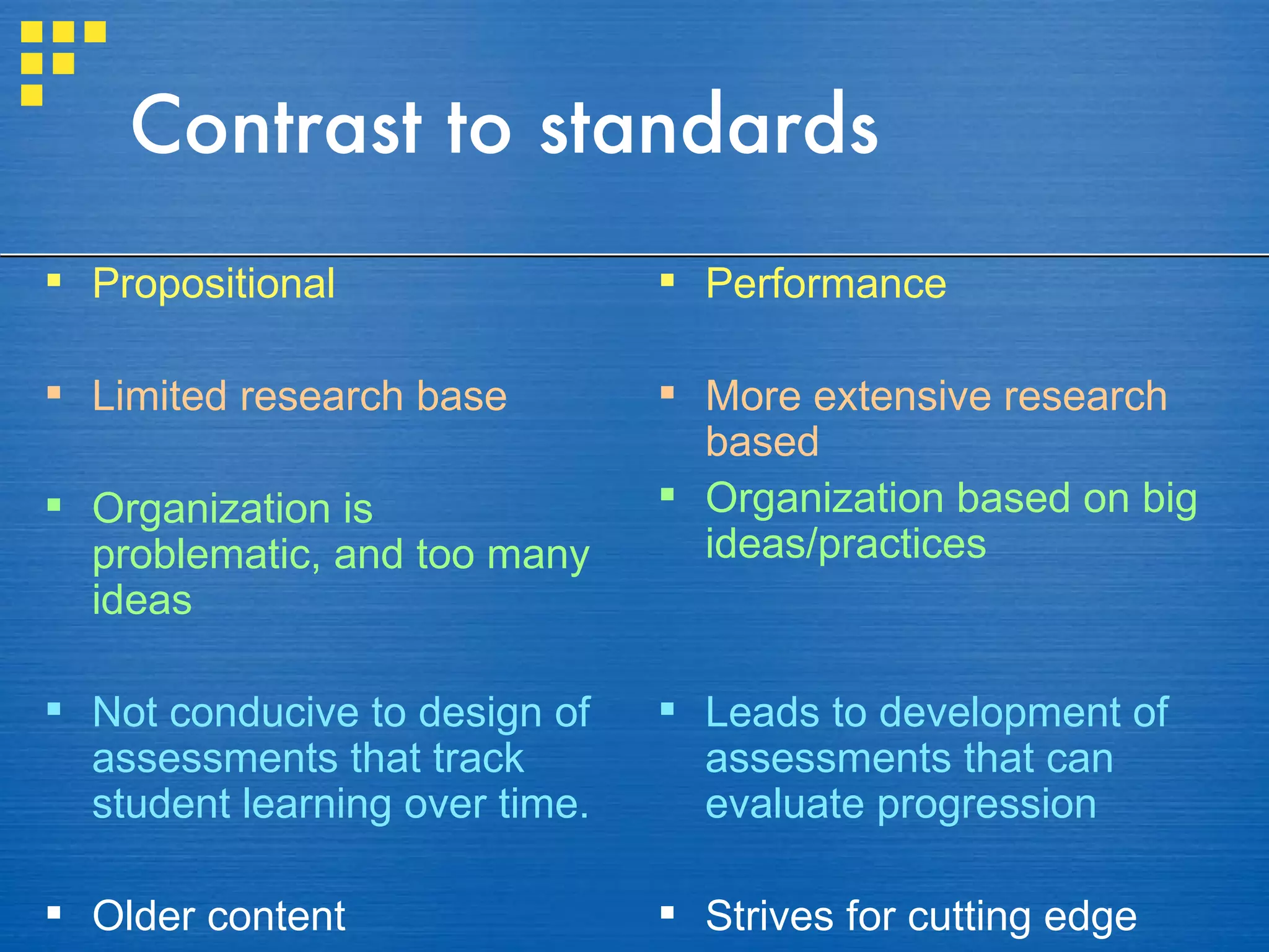 Contrast to standards Propositional  Limited research base Organization is problematic, and too many ideas Not conducive to design of assessments that track student learning over time. Older content Performance More extensive research based Organization based on big ideas/practices Leads to development of assessments that can evaluate progression Strives for cutting edge 