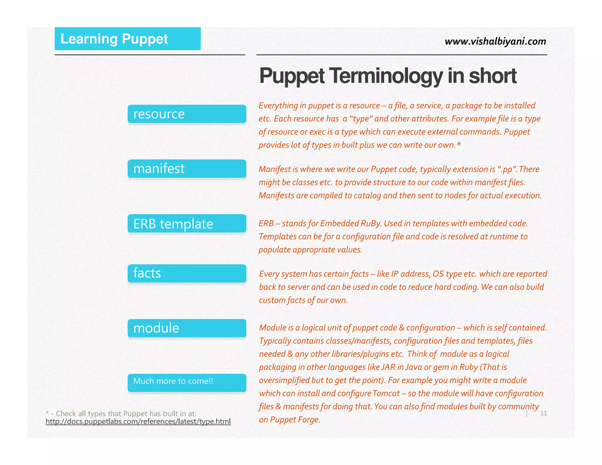 www.vishalbiyani.comLearning Puppet
Puppet Terminology in short
Everything in puppet is a resource – a file, a service, a package to be installed
etc. Each resource has a “type” and other attributes. For example file is a type
of resource or exec is a type which can execute external commands. Puppet
provides lot of types in built plus we can write our own.*
Manifest is where we write our Puppet code, typically extension is “.pp”.There
might be classes etc. to provide structure to our code within manifest files.
Manifests are compiled to catalog and then sent to nodes for actual execution.
ERB – stands for Embedded RuBy. Used in templates with embedded code.
Templates can be for a configuration file and code is resolved at runtime to
resource
manifest
ERB template
11|* - Check all types that Puppet has built in at:
http://docs.puppetlabs.com/references/latest/type.html
Templates can be for a configuration file and code is resolved at runtime to
populate appropriate values.
Every system has certain facts – like IP address,OS type etc. which are reported
back to server and can be used in code to reduce hard coding.We can also build
custom facts of our own.
Module is a logical unit of puppet code & configuration – which is self contained.
Typically contains classes/manifests, configuration files and templates, files
needed & any other libraries/plugins etc. Think of module as a logical
packaging in other languages like JAR in Java or gem in Ruby (That is
oversimplified but to get the point). For example you might write a module
which can install and configureTomcat – so the module will have configuration
files & manifests for doing that.You can also find modules built by community
on Puppet Forge.
ERB template
facts
Much more to come!!
module
 