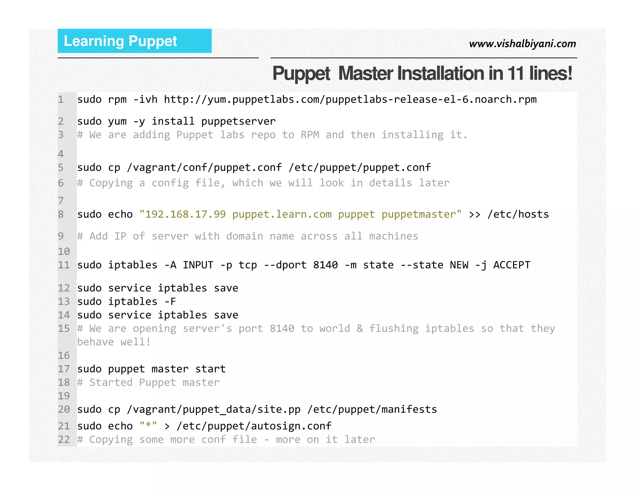 www.vishalbiyani.comLearning Puppet
Puppet Master Installation in11 lines!
1 sudo rpm -ivh http://yum.puppetlabs.com/puppetlabs-release-el-6.noarch.rpm
2 sudo yum -y install puppetserver
3 # We are adding Puppet labs repo to RPM and then installing it.
4
5 sudo cp /vagrant/conf/puppet.conf /etc/puppet/puppet.conf
6 # Copying a config file, which we will look in details later
7
8 sudo echo "192.168.17.99 puppet.learn.com puppet puppetmaster" >> /etc/hosts
9 # Add IP of server with domain name across all machines
10
7|
10
11 sudo iptables -A INPUT -p tcp --dport 8140 -m state --state NEW -j ACCEPT
12 sudo service iptables save
13 sudo iptables -F
14 sudo service iptables save
15 # We are opening server's port 8140 to world & flushing iptables so that they
behave well!
16
17 sudo puppet master start
18 # Started Puppet master
19
20 sudo cp /vagrant/puppet_data/site.pp /etc/puppet/manifests
21 sudo echo "*" > /etc/puppet/autosign.conf
22 # Copying some more conf file - more on it later
 