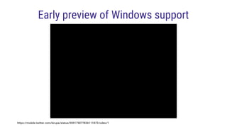 Early preview of Windows support
https://mobile.twitter.com/kirupa/status/959175077836111872/video/1
 