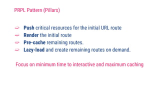 ➫ Push critical resources for the initial URL route
➫ Render the initial route
➫ Pre-cache remaining routes.
➫ Lazy-load and create remaining routes on demand.
Focus on minimum time to interactive and maximum caching
PRPL Pattern (Pillars)
 