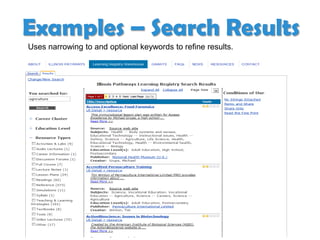 Examples – Search Results
Uses narrowing to and optional keywords to refine results.
 