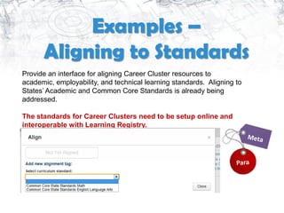Examples –
      Aligning to Standards
Provide an interface for aligning Career Cluster resources to
academic, employability, and technical learning standards. Aligning to
States’ Academic and Common Core Standards is already being
addressed.

The standards for Career Clusters need to be setup online and
interoperable with Learning Registry.
 