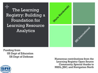 +




                                     i
                                  sk
     The Learning




                                  w
                               ko
  Registry: Building a




                             en
                           Bi
                          ie
    Foundation for




                          ar
                         M
  Learning Resource




                                                    al
       Analytics




                                                     n
                                                 tio
                                               na
                                               er
                                             nt
                                           II
                                         SR
Funding from
  US Dept of Education
    US Dept of Defense
                          Numerous contributions from the
                           Learning Registry Open Source
                             Community. Special thanks to
                          NSDL, JISC, and Navigation North
 
