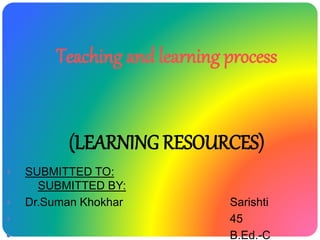  SUBMITTED TO:
SUBMITTED BY:
 Dr.Suman Khokhar Sarishti
 45
 B.Ed.-C
Teaching and learning process
(LEARNING RESOURCES)
 