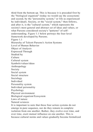 third from the bottom up. This is because it is preceded first by
the "biological organism" (today we would say the ecosystem)
and second, by the "personality system," or life as experienced
by individuals. Society, or the "social system," then follows,
and after it, is the "cultural system," which represents the
society's most general and abstract set of ideas and values, or
what Parsons considered society's "patterns" of self-
understanding. Figure 1.1 below portrays the four-level
framework developed by Parsons.
Figure 1.1
Hierarchy of Talcott Parsons's Action Systems
Level of Human Behavior
Object of Analysis
Expressed Through
Studied by
Culture
Cultural system
Symbols/values/ideas
Anthropology
Society
Social system
Social structure
Sociology
Individual
Personality system
Individual personality
Psychology
Physical environment
Biological organism/Ecosystem
Laws of nature
Natural sciences
It is important to note that these four action systems do not
emerge in pure sequence, nor do they remain in complete
isolation from one another. Rather, they evolve over time, and
over time, exert mutual influence on one another. This is
because cultural norms and values gradually become formalized
 