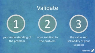 your understanding of
the problem
1
your solution to
the problem
2
the value and
scalability of your
solution
3
Validate
 