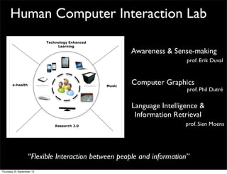 Human Computer Interaction Lab
                           Technology Enhanced
                                Learning
                                                         Awareness & Sense-making
                                                                          prof. Erik Duval



       e-health                                  Music
                                                         Computer Graphics
                                                                          prof. Phil Dutré

                                                         Language Intelligence &
                                                          Information Retrieval
                               Research 2.0                               prof. Sien Moens




                   “Flexible Interaction between people and information”
Thursday 20 September 12
 