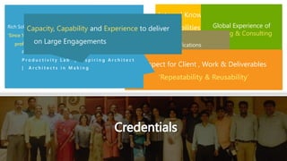 Internal Knowledge Engagement and
capabilities to Create Corporate
Solutions Consultant
Global Experience of
Training & Consulting
Industry Recognition , Awards and Certifications
Awarded Master Services Agreement
to Deliver Beyond Training Services-
Consulting / Evangelism ...
Passion for Training &
Learning
’Work Span of 20 years
is the best indicator’ Respect for Client , Work & Deliverables
‘Repeatability & Reusability’
Rich Solutions Experience
‘Since 1993 for 200+ Clients and over ½ million software
professionals’
Fresh Talent >> Architects
P r o d u c t i v i t y L a b | A s p i r i n g A r c h i t e c t
| A r c h i t e c t s i n M a k i n g
Capacity, Capability and Experience to deliver
on Large Engagements
 