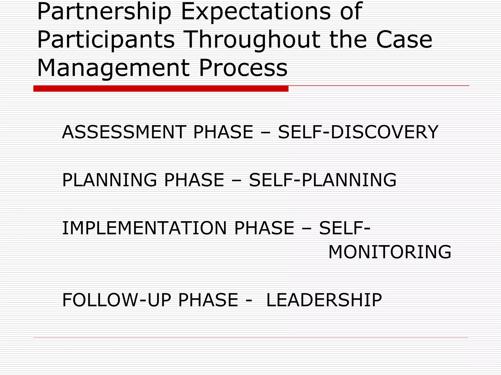 Partnership Expectations of Participants Throughout the Case Management Process ASSESSMENT PHASE – SELF-DISCOVERY PLANNING PHASE – SELF-PLANNING IMPLEMENTATION PHASE – SELF-  MONITORING FOLLOW-UP PHASE -  LEADERSHIP 