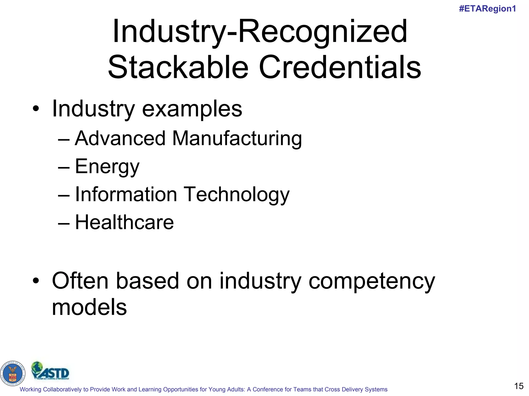 Industry-Recognized  Stackable Credentials Industry examples Advanced Manufacturing Energy Information Technology Healthcare Often based on industry competency models 