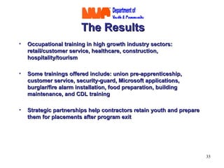 The Results Occupational training in high growth industry sectors:  retail/customer service, healthcare, construction, hospitality/tourism Some trainings offered include: union pre-apprenticeship, customer service, security-guard, Microsoft applications, burglar/fire alarm installation, food preparation, building maintenance, and CDL training  Strategic partnerships help contractors retain youth and prepare them for placements after program exit 