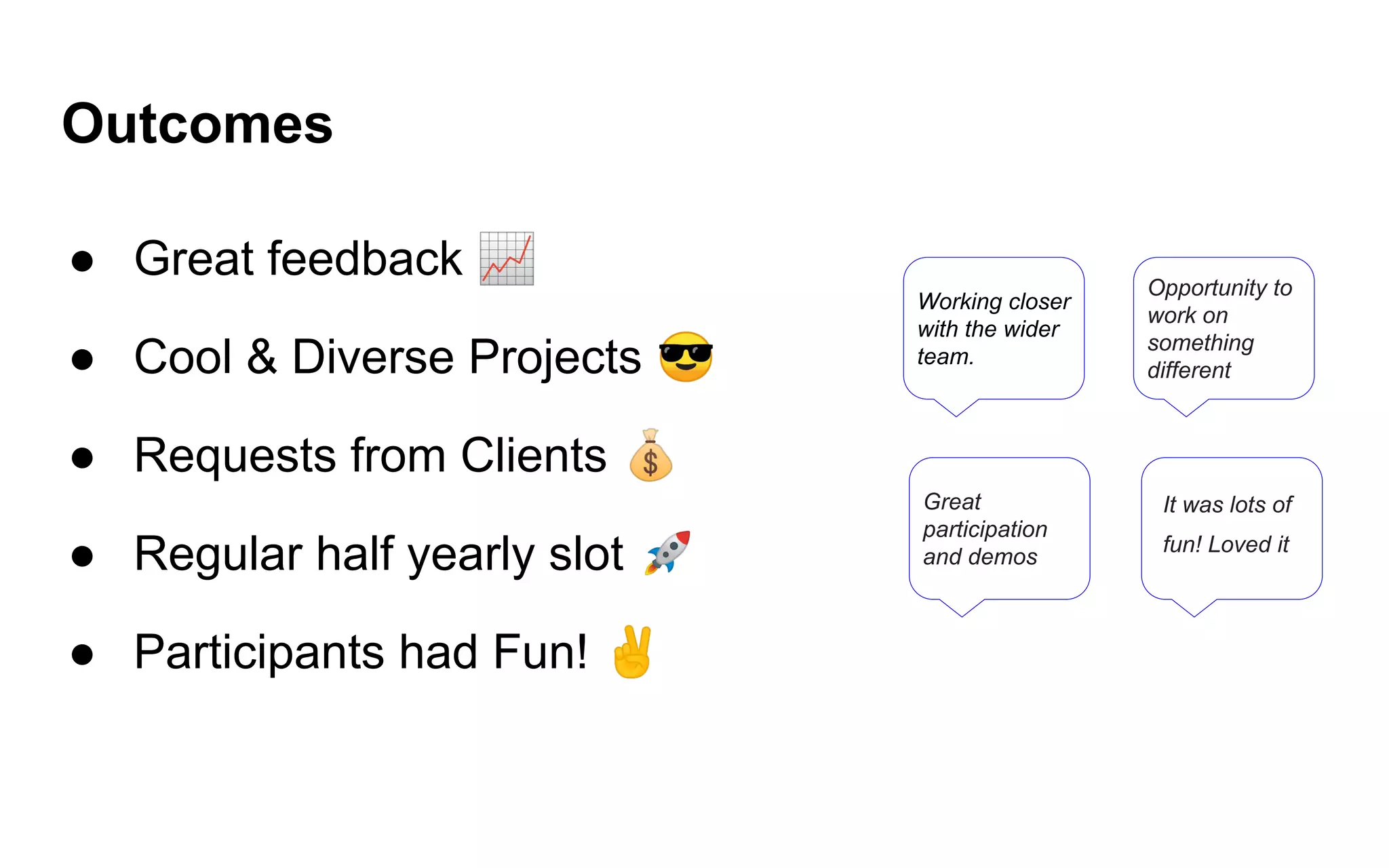 Outcomes
● Great feedback 📈
● Cool & Diverse Projects 😎
● Requests from Clients 💰
● Regular half yearly slot 🚀
● Participants had Fun! ✌
Working closer
with the wider
team.
Opportunity to
work on
something
different
Great
participation
and demos
It was lots of
fun! Loved it
 