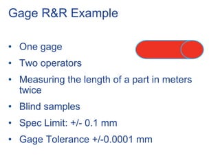Gage R&R Example
• One gage
• Two operators
• Measuring the length of a part in meters
twice
• Blind samples
• Spec Limit: +/- 0.1 mm
• Gage Tolerance +/-0.0001 mm
 