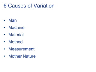 6 Causes of Variation
• Man
• Machine
• Material
• Method
• Measurement
• Mother Nature
 