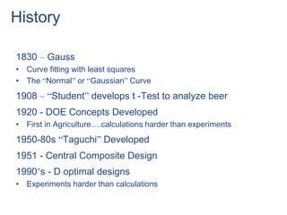 History
1830 – Gauss
• Curve fitting with least squares
• The “Normal” or “Gaussian” Curve
1908 – “Student” develops t -Test to analyze beer
1920 - DOE Concepts Developed
• First in Agriculture….calculations harder than experiments
1950-80s “Taguchi” Developed
1951 - Central Composite Design
1990’s - D optimal designs
• Experiments harder than calculations
 